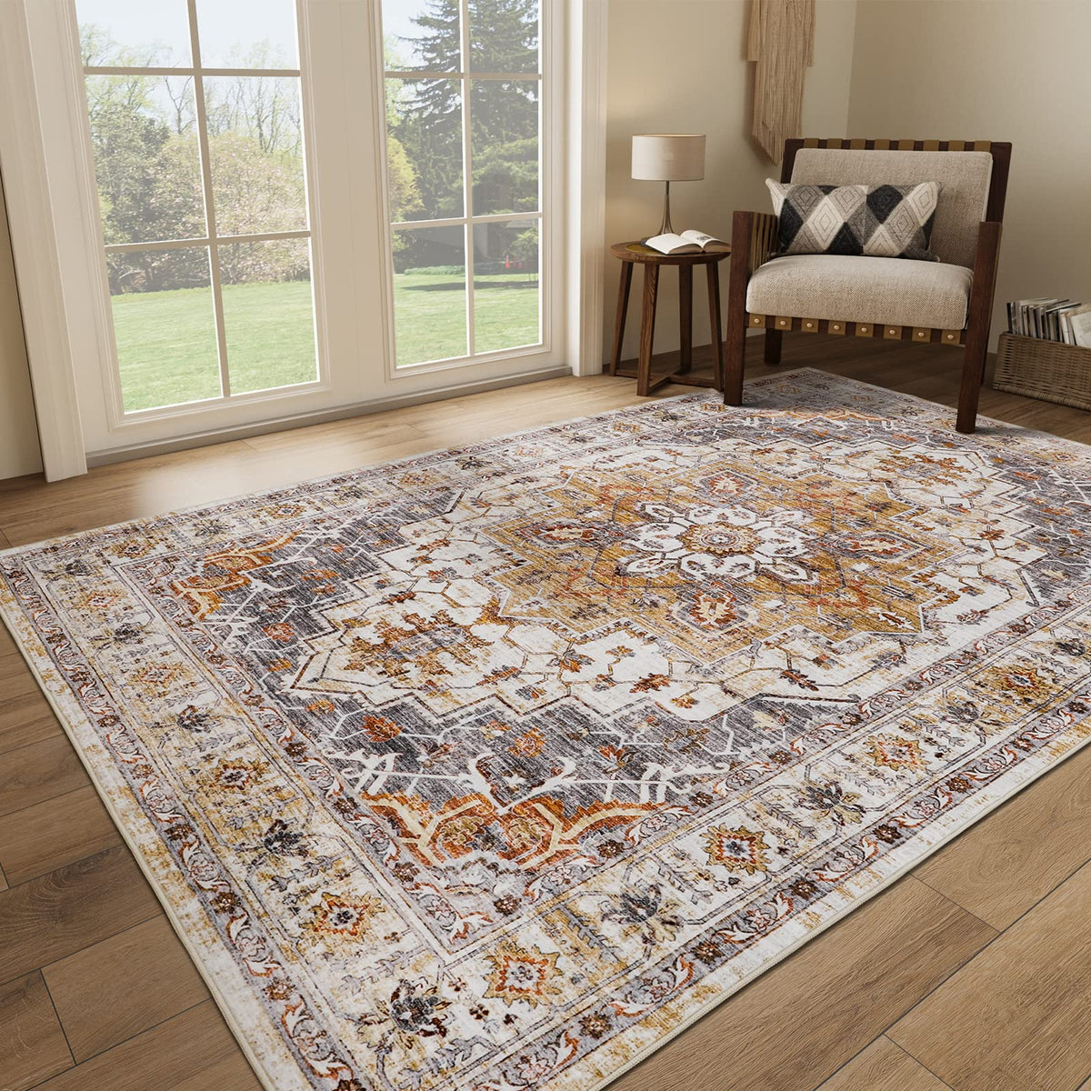 befbee 5x7 Area Rugs for Living RoomStain Resistant Washable RugNon-Slip Backing Rugs for BedroomKitchenPrinted Vintage Home Decor Rug (Turmeric/Grey 5x7)